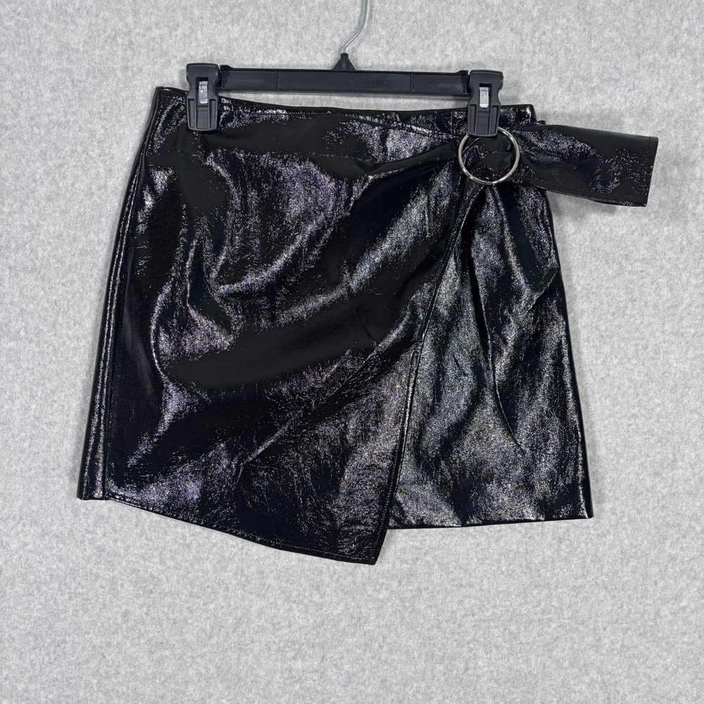 Wrap Front Asymmetric Mini Skirt Medium Faux‎ Leather Shiny Ska Edgy Rave NYE